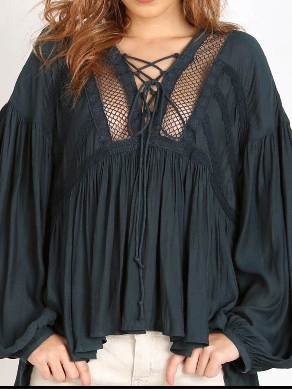 Free People Don’t Let Go Black Peasant Pebbled Lace Up Boho Flowy Top Sz Small